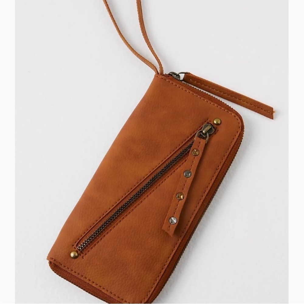 Free people NWOT vegan distressed studded brown zipper wristlet wallet
